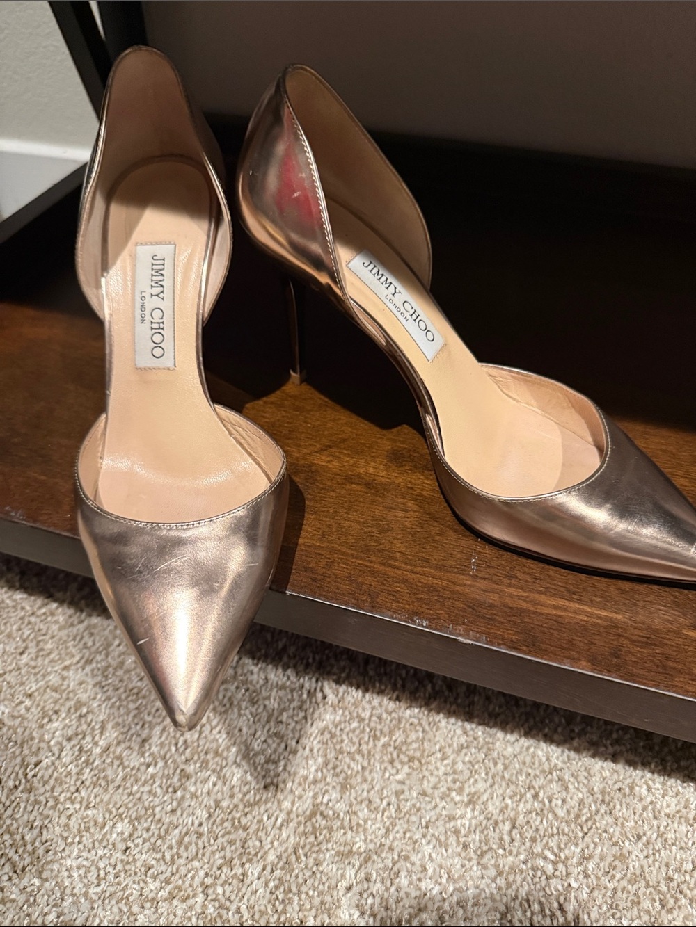 Jimmy Choo Metallic Rose Gold Pointed D'Orsay Pumps